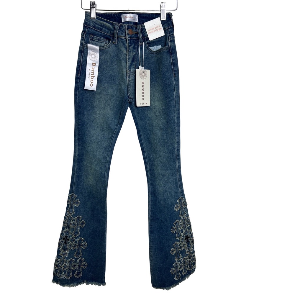 Bamboo Bootcut Jeans Women Size 00 NEW Cross Applique High Rise Y2K‎ Grunge G2